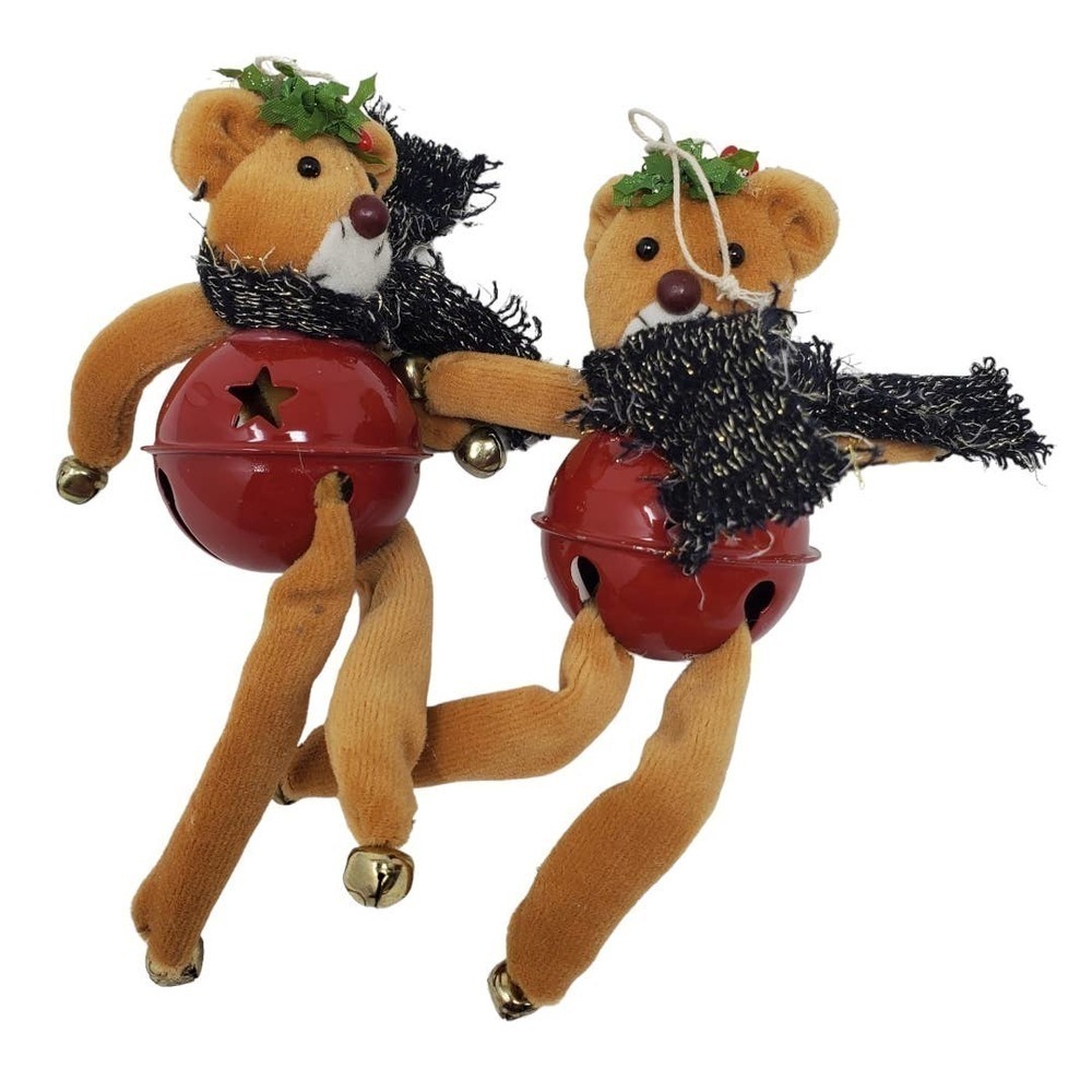 Vintage Christmas Hanging Ornament Bear Bells Holiday Home Decor Set of 2